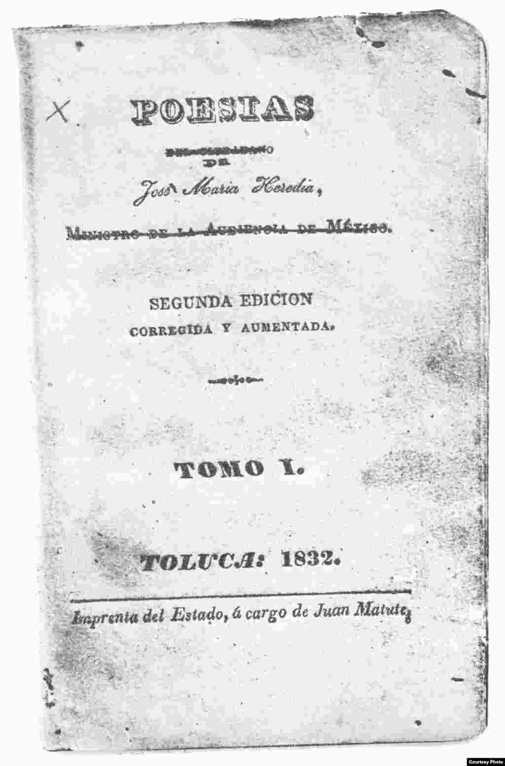 Portada de la primera edición de las POESIAS de Heredia, Nueva York, 1825